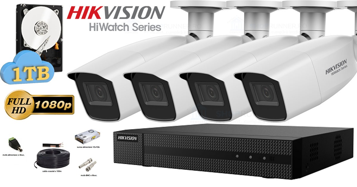 Kit Complet Supraveghere Video Hikvision Seria Hiwatch, 4 Camere Fullhd, Ir 40m, Lentila Varifocala