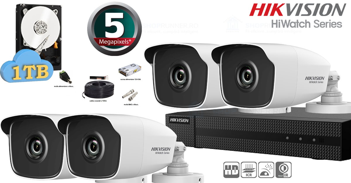 Kit Complet Supraveghere Video Hikvision Seria Hiwatch, 4 Camere 5 Megapixeli, Ir 40m