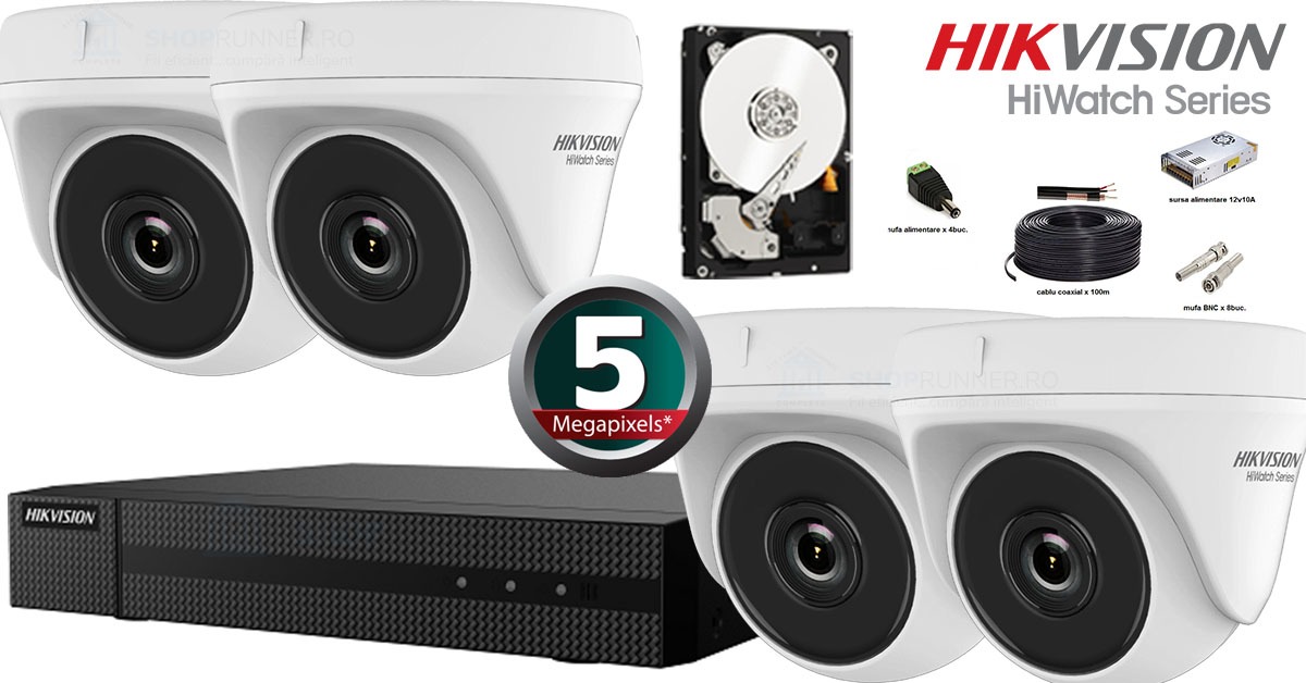Kit Complet Supraveghere Video Hikvision Seria Hiwatch, 4 Camere 5 Megapixeli, Ir 20m, Turret
