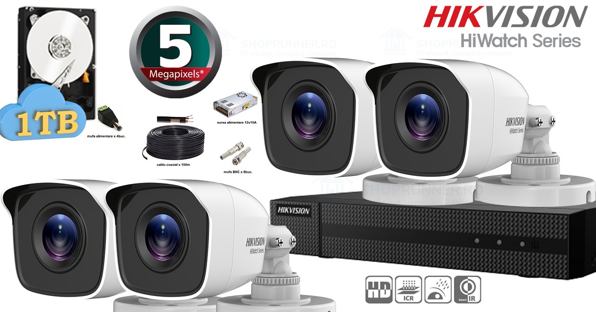 Kit Complet Supraveghere Video Hikvision Seria Hiwatch, 4 Camere 5 Megapixeli, Ir 20m