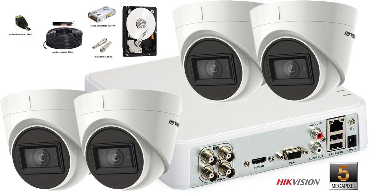 Kit Complet Supraveghere Video 4 Camere De Interior Hikvision Ultra Low Light, 5 Mp(2k+), Ir 30m