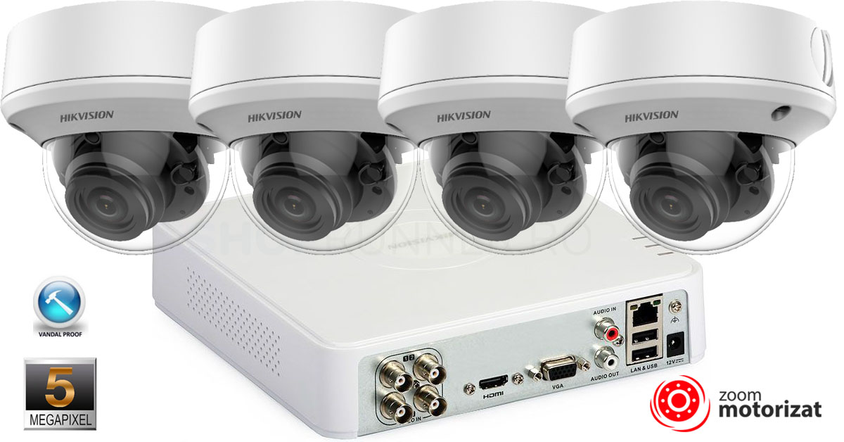 Sistem supraveghere video 4 camere Hikvision 5MP(2K+), Zoom Motorizat, IR 40M