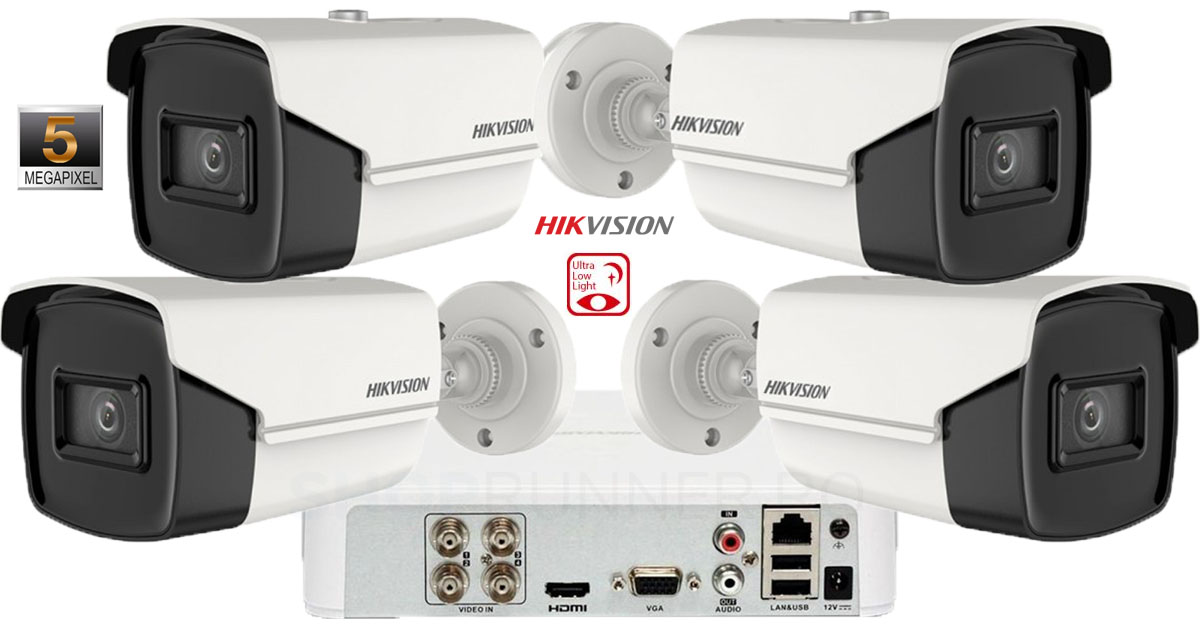 Sistem De Supraveghere Hikvision 4 Camere De Exterior Ultra Low-light, 5mp(2k+), Ir 60m