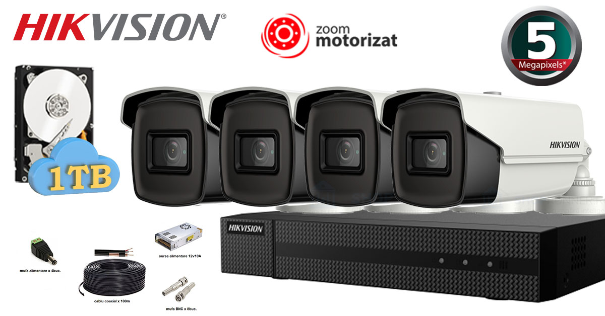 Kit Complet Supraveghere Video Hikvision 4 Camere 5mp(2k+), Lentila Varifocala 2.7-13.5 Mm, Zoom Motorizat, Ir 40m