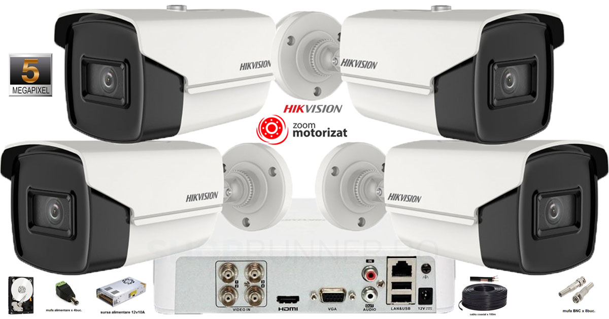 Kit Complet Supraveghere Video Hikvision 4 Camere 5mp(2k+), Lentila Varifocala 2.7-13.5 Mm, Zoom Motorizat, Ir 40m