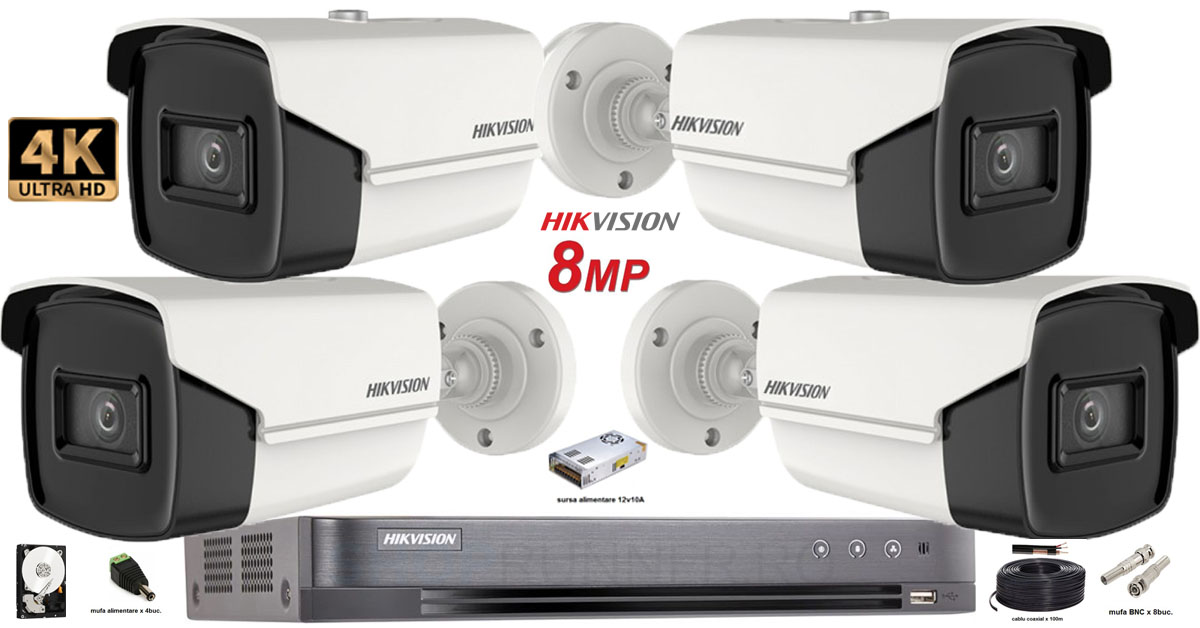 Kit complet supraveghere Hikvision 4 de exterior 8MP(4K),IR 80m -