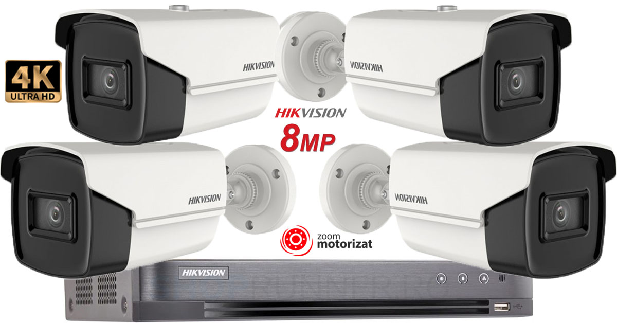 Sistem Supraveghere Video Hikvision 4 Camere Zoom Motorizat, Lentila Varifocala, 8mp(4k), Ir 80m