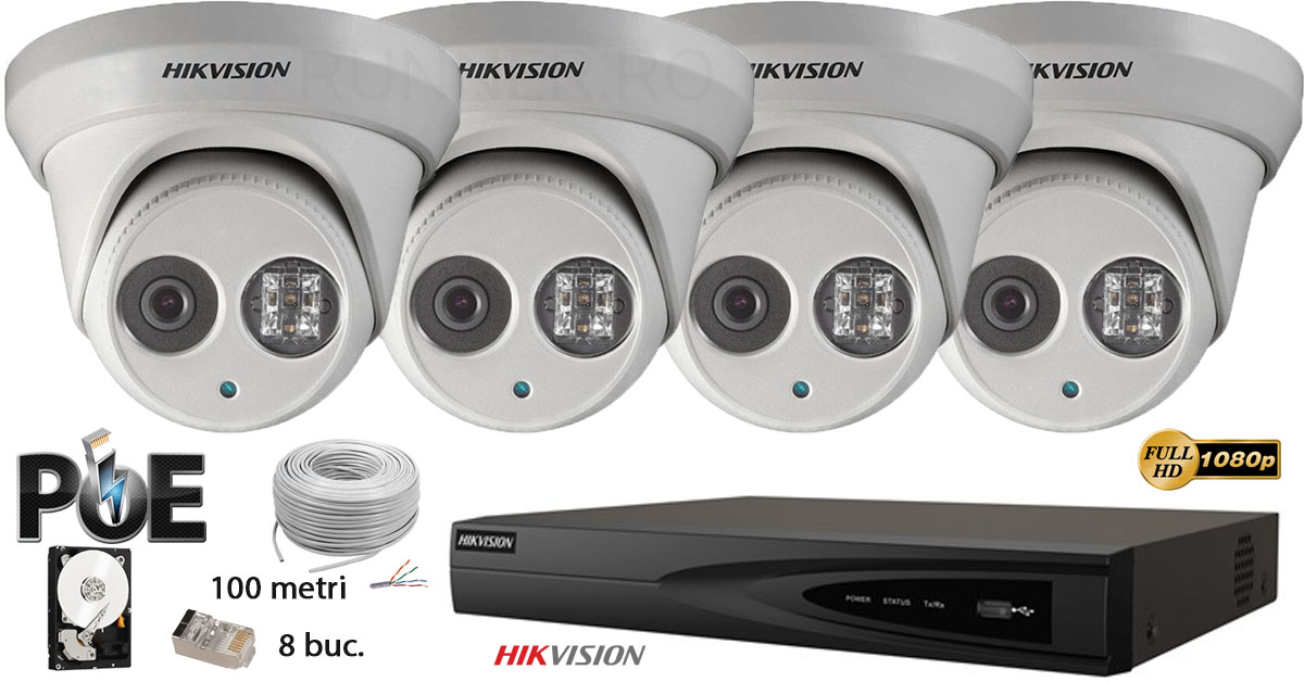Kit complet supraveghere video IP Hikvision 4 camere de interior STARLIGHT,2MP Full HD 1080p,IR 30m