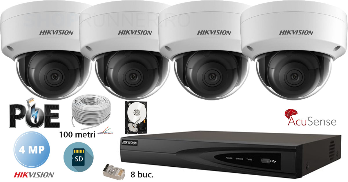 Kit complet supraveghere video Hikvision 4 camere IP de interior,AcuSense,SD-card, 4MP(2K), IR 30m