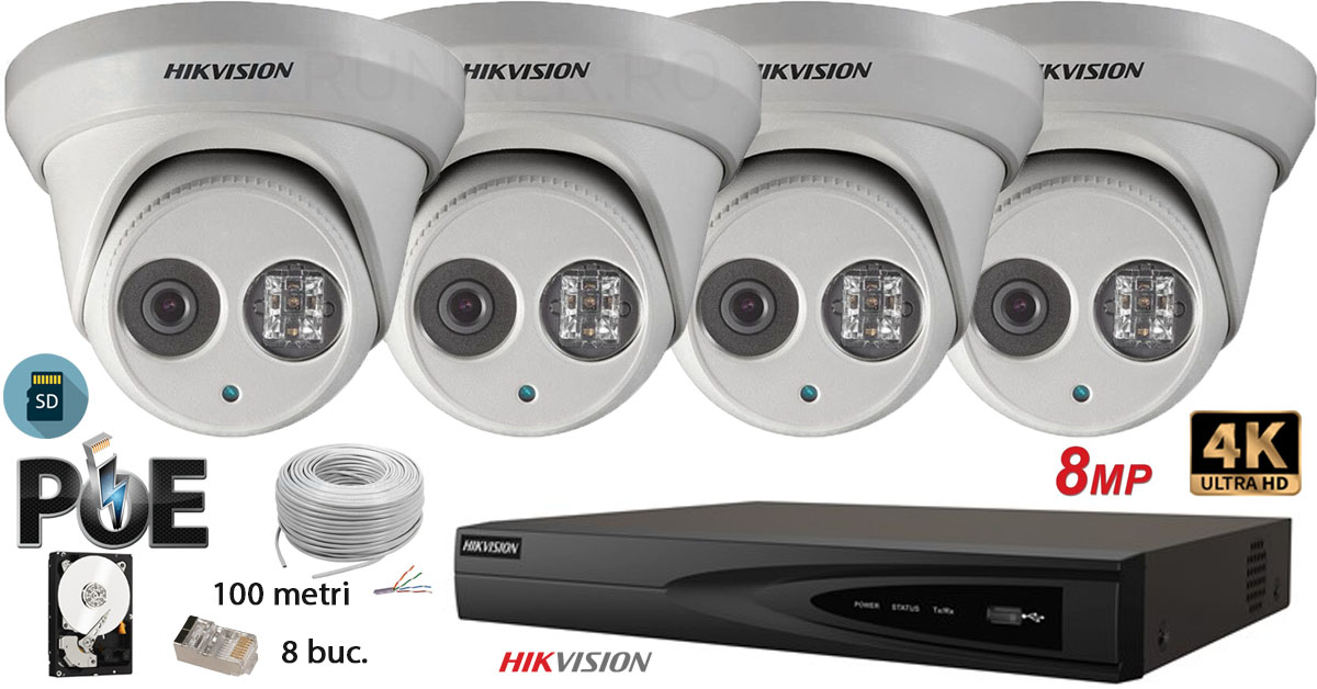 Kit Complet Supraveghere Video Hikvision 4 Camere Ip De Interior,ultra Hd 8mp(4k),sd-card,ir 30m