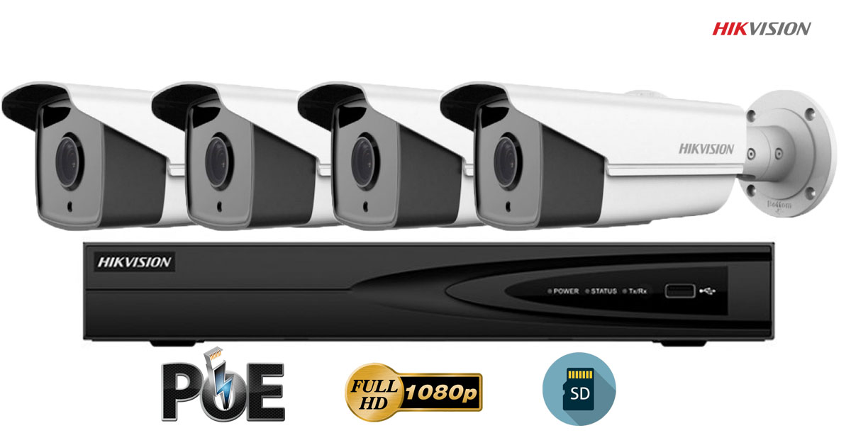 Sistem Supraveghere Video Hikvision 4 Camere Ip De Exterior, 2mp Fullhd, Sd-card, Ir 50m