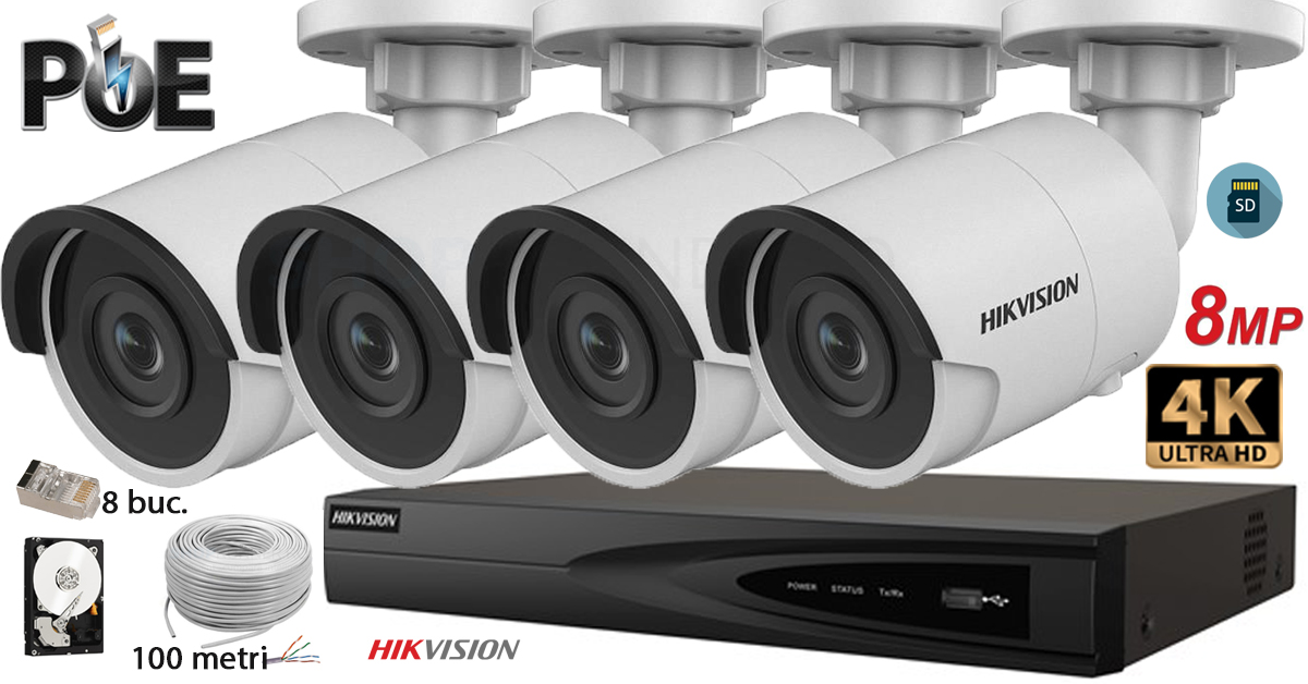 Kit Complet Supraveghere Video Hikvision 4 Camere Ip De Exterior, 8mp(4k), Sd-card, Ir 30m