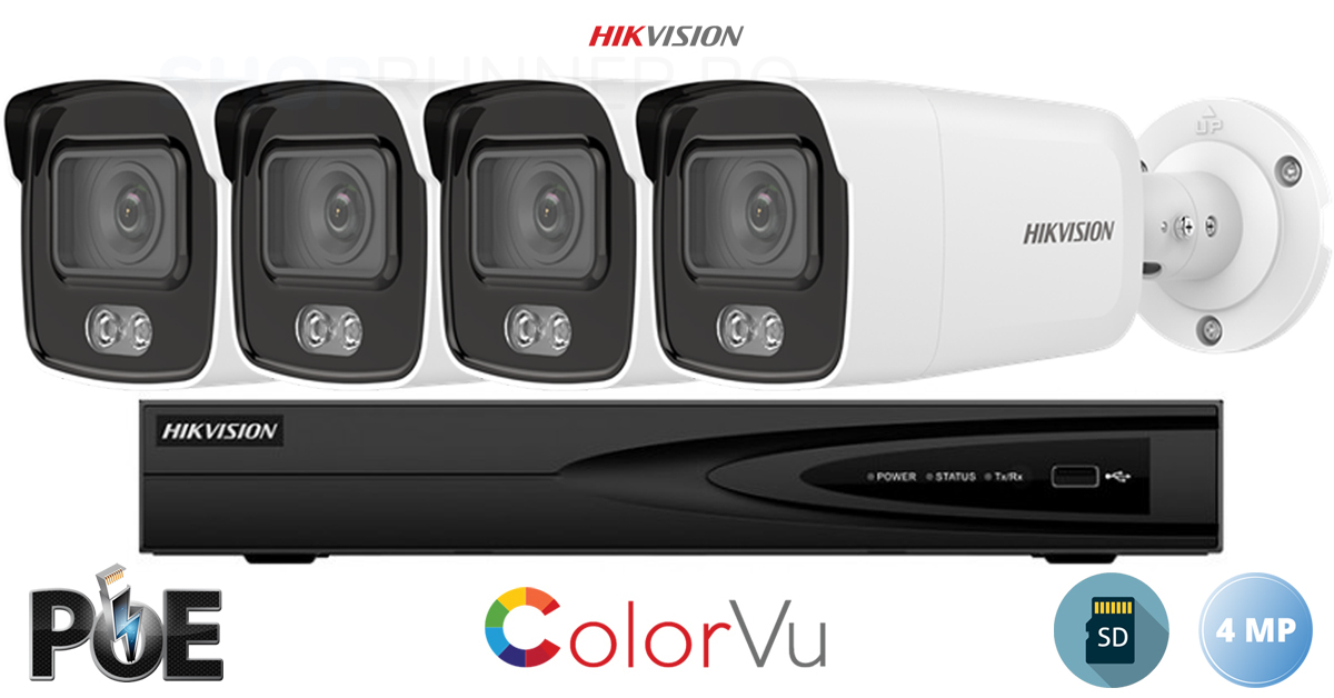 Sistem Supraveghere Video Hikvision 4 Camere Ip Colorvu 4mp(2k), Sd-card, Ir 30m