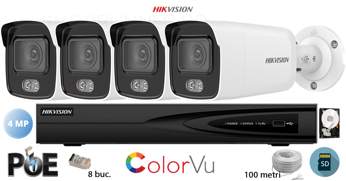 Kit Complet Supraveghere Video Hikvision 4 Camere Ip Colorvu, 4mp(2k), Sd-card, Ir 30m