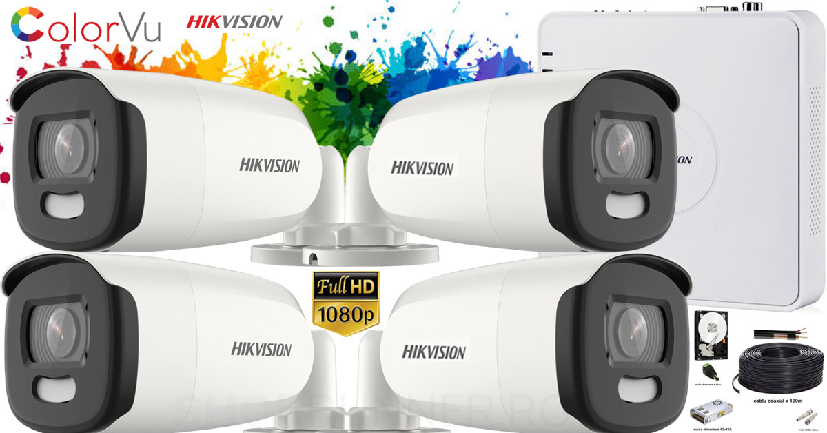 Kit complet supraveghere Hikvision 4 camere ColorVu Full HD, IR 40m