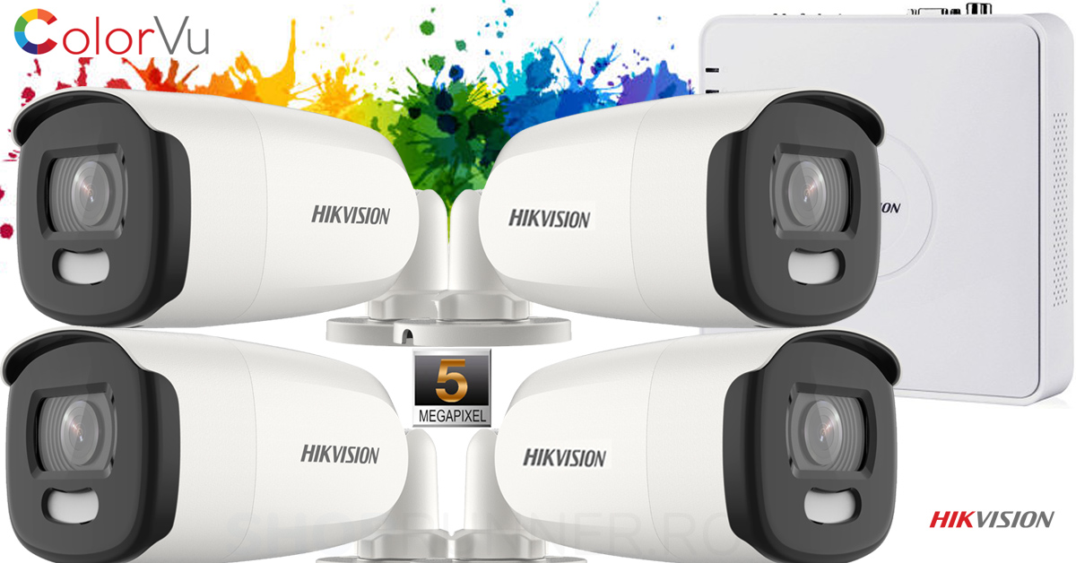 Sistem Supraveghere Video Hikvision 4 Camere De Exterior Colorvu 5mp(2k+), Ir 40m