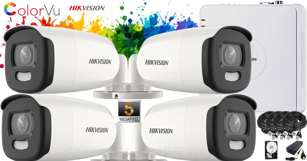 Kit Complet Supraveghere Video Hikvision 4 Camere Colorvu Fulltime, 5mp(2k+), Ir 40m