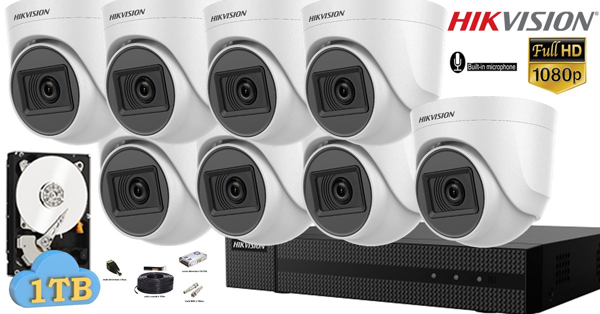 Kit complet supraveghere video Hikvision 8 camere de interior 2MP FullHD, IR 20m , microfon incorporat