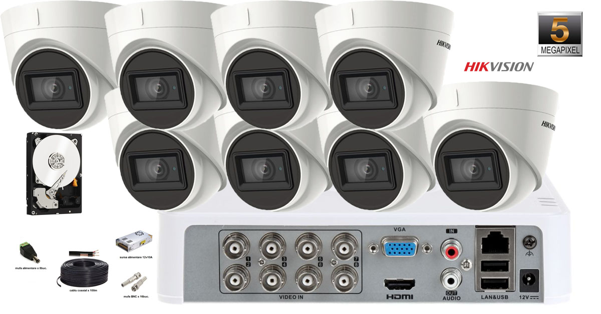 Kit Complet Supravegere Video Hikvision 8 Camere De Interior 5mp(2k+), Ir 30 M, Microfon Incorporat