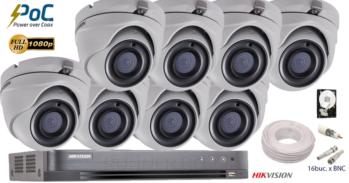 Kit Complet Supraveghere Hikvision 8 Camere Poc 2mp Full Hd 1080p, Ir 20m