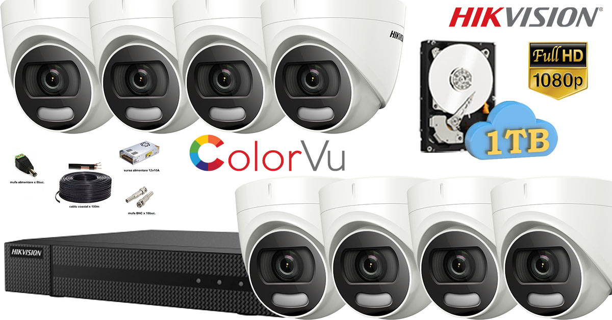 Kit Complet Supraveghere Hikvision 8 Camere De Interior Colorvu Hibrid,2 Mp Full Hd 1080p, Ir 20m
