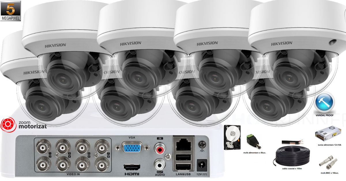 Kit Complet Supraveghere Video 8 Camere De Interior Hikvision 5mp(2k+), Zoom Motorizat, Ir 40m