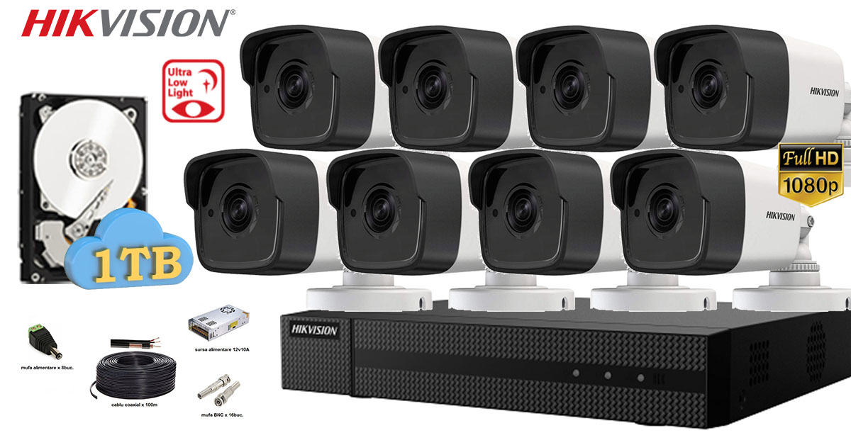 Kit Complet Supraveghere Video Hikvision 8 Camere 2mp Fullhd Ultra Low-light, Ir 80m