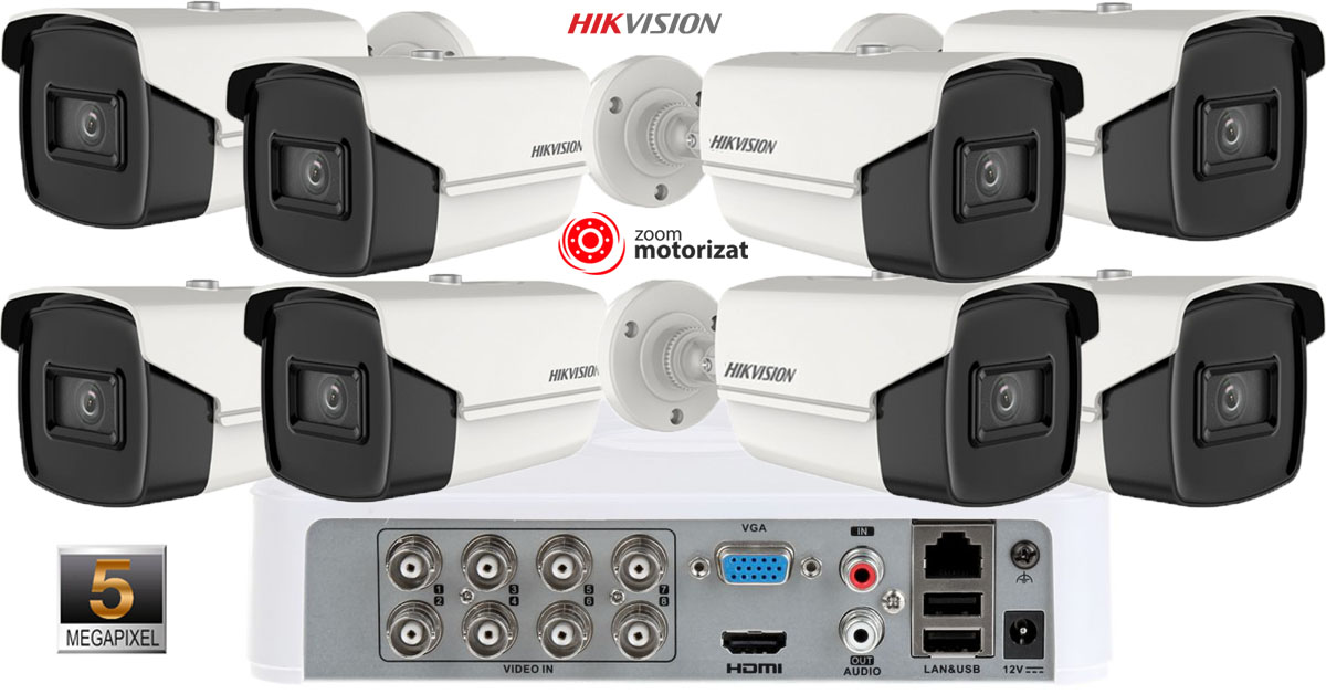 Sistem Supraveghere Video Hikvision 8 Camere 5mp(2k+), Lentila Varifocala 2.7-13.5 Mm, Zoom Motorizat, Ir 40m