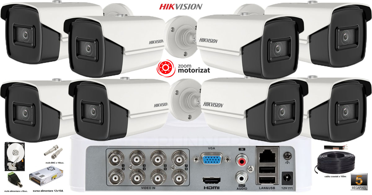 Kit Complet Supraveghere Video Hikvision 8 Camere 5mp(2k+), Lentila Varifocala 2.7-13.5mm, Zoom Motorizat, Ir 40m