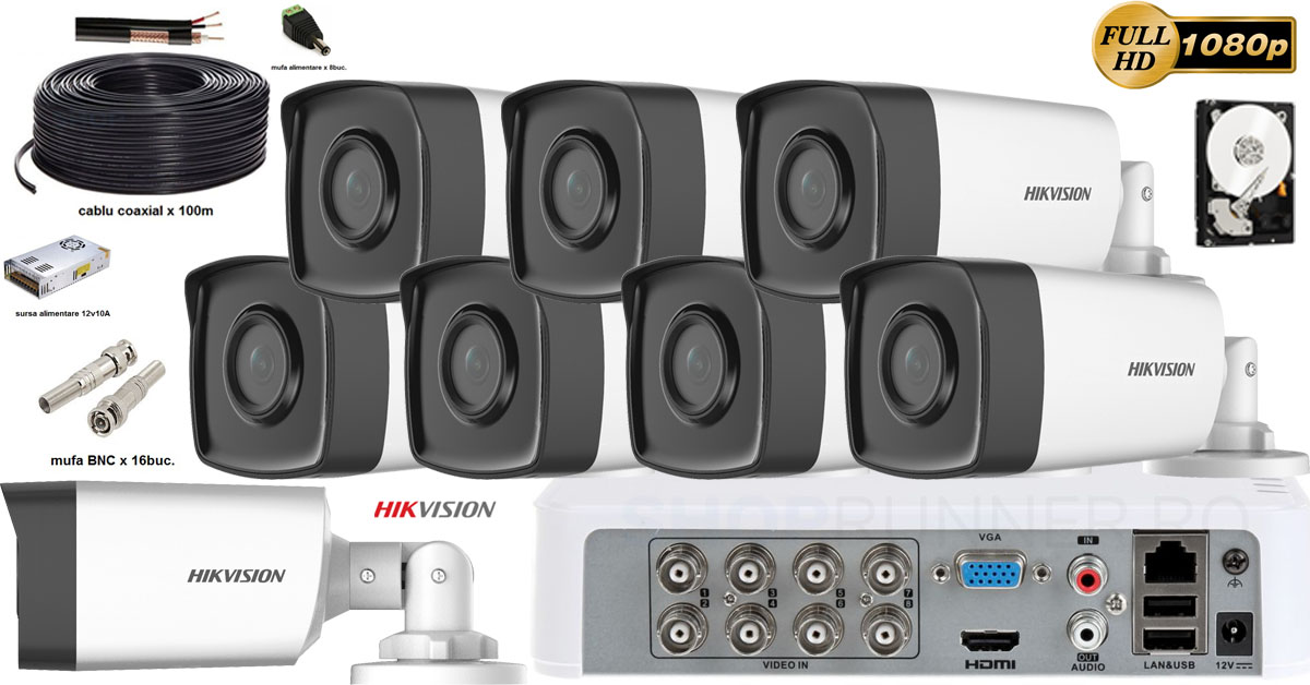 Kit complet supraveghere Hikvision 8 camere 1080p Full HD, IR 40m