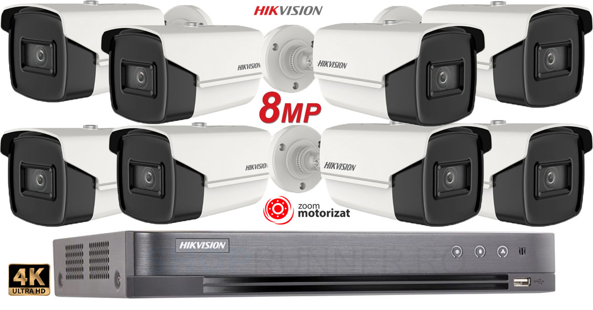 Sistem Supraveghere Hikvision 8 Camere De Exterior, Zoom Motorizat, Lentila Varifocala 8mp(4k), Ir 80m