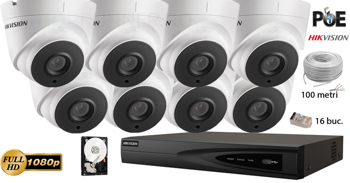 Kit Complet Supraveghere Video Ip Hikvision 8 Camere De Interior,2mp Full Hd 1080p,ir 30m