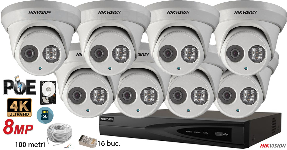 Kit Complet Supraveghere Video Hikvision 8 Camere Ip De Interior,ultra Hd 8mp(4k),sd-card,ir 30m
