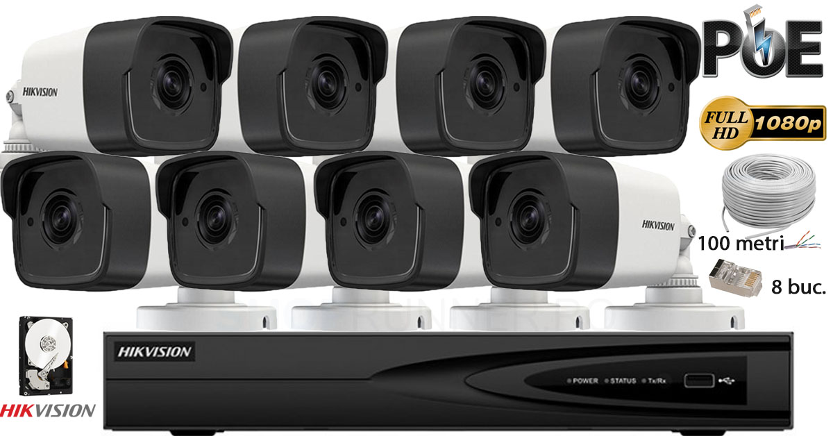 Kit Complet Supraveghere Video Hikvision 8 Camere Ip De Exterior,2mp Full Hd 1080p,ir 30m