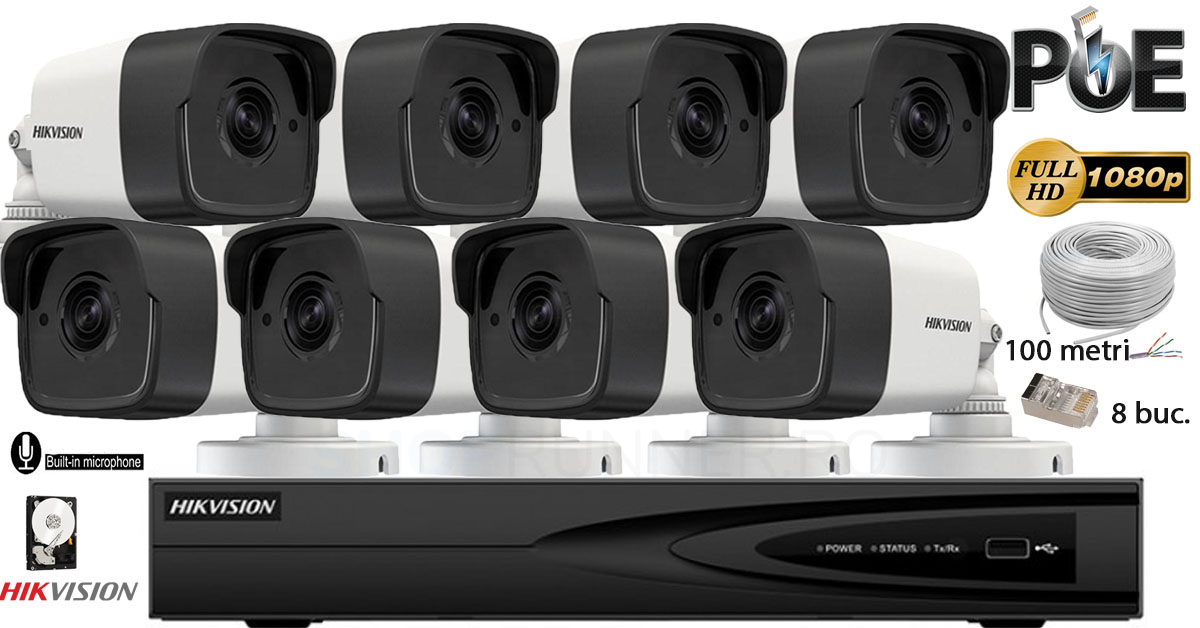 Kit Complet Supraveghere Video Hikvision 8 Camere Ip De Exterior,2mp Full Hd 1080p,microfon Incorporat,ir 30m