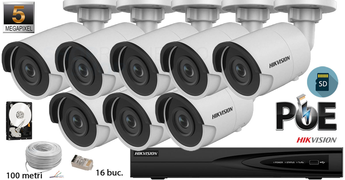 Kit Complet Supraveghere Video Hikvision 8 Camere Ip De Exterior,5mp(2k+),sd-card,ir 30m
