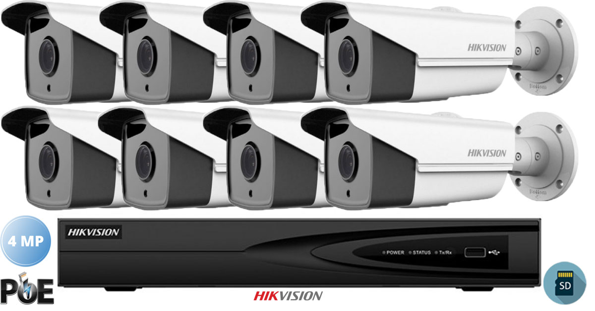 Sistem supraveghere video Hikvision 8 camere IP de exterior, 4MP(2K), SD-card, IR 50m
