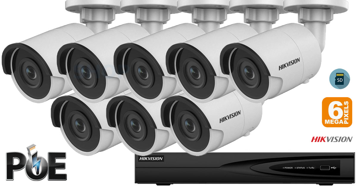 Sistem Supraveghere Video Hikvision 8 Camere Ip De Exterior, 6mp(3k), Sd-card, Ir 30m