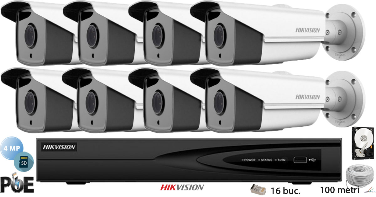 Kit Complet Supraveghere Video Hikvision 8 Camere Ip De Exterior, 4mp(2k), Sd-card, Ir 80m