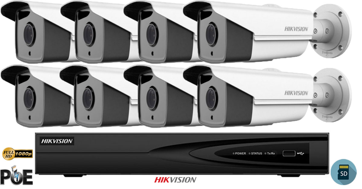 Sistem Supraveghere Video Hikvision 8 Camere Ip De Exterior, 2mp Fullhd 1080p, Sd-card, Ir 50m