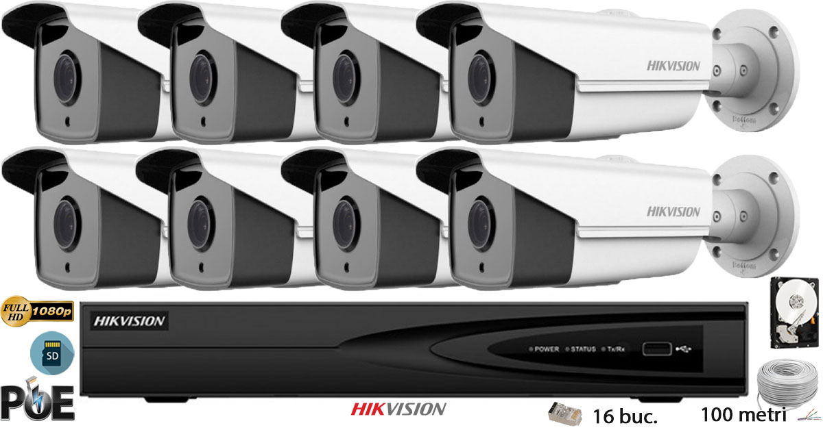 Kit Complet Supraveghere Video Hikvision 8 Camere Ip De Exterior, 2mp Fullhd 1080p, Sd-card, Ir 50m