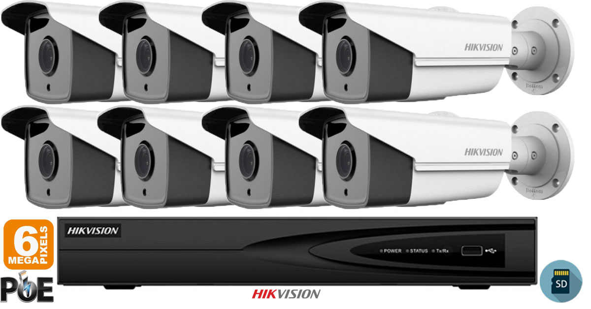 Sistem Supraveghere Video Hikvision 8 Camere Ip De Exterior, 6mp(3k), Sd-card, Ir 50m