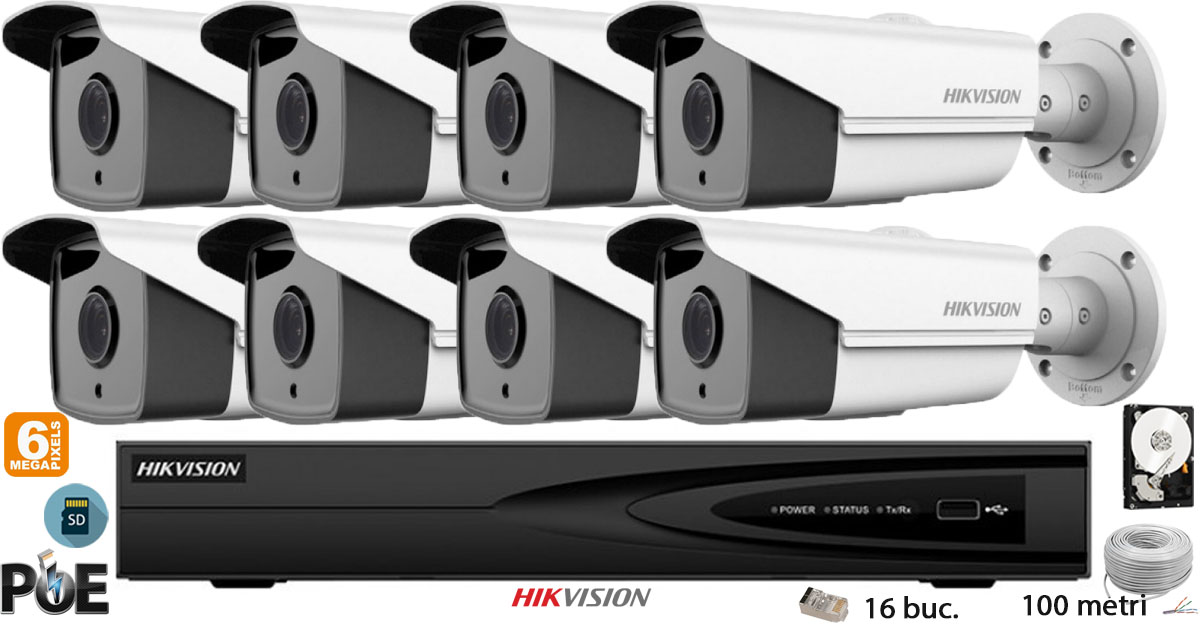 Kit Complet Supraveghere Video Hikvision 8 Camere Ip De Exterior, 6mp(3k), Sd-card, Ir 50m