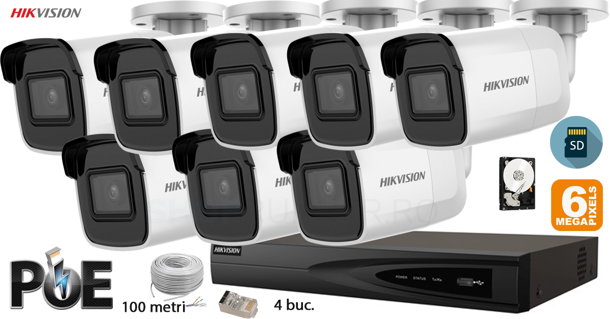 Kit Complet Supraveghere Video Hikvision 8 Camere Ip De Exterior, 6mp(3k), Sd-card, Ir 30m