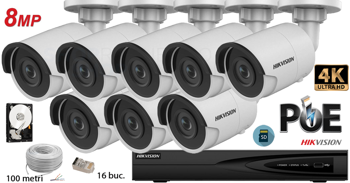Kit Complet Supraveghere Video Hikvision 8 Camere Ip De Exterior 8mp (4k), Sd-card, Ir 40m