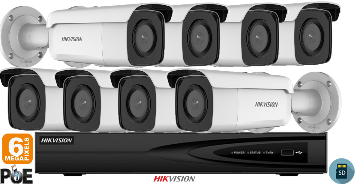 Sistem Supraveghere Video Hikvision 8 Camere Ip De Exterior, 6mp(3k), Sd-card, Ir 80m