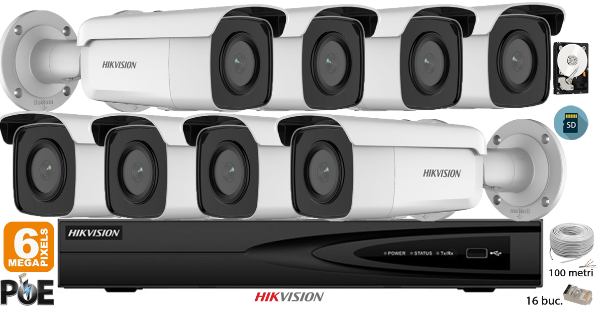 Kit Complet Supraveghere Video Hikvision 8 Camere Ip, 6mp(3k), Sd-card, Ir 80m