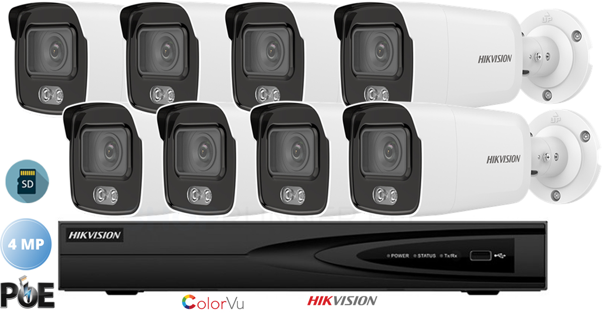 Sistem de supraveghere Hikvision 8 camere IP ColorVU de exterior, 4MP(2K), SD-card, IR 30m