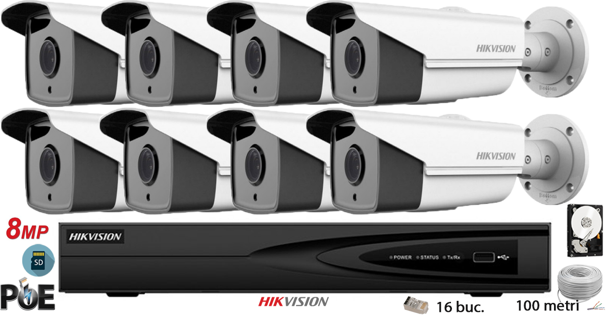 Kit Complet Supraveghere Video Hikvision 8 Camere Ip De Exterior, 8mp(4k),sd-card,ir 60m