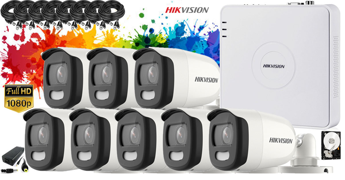 Kit complet supraveghere video Hikvision 8 camere ColorVU 2MP FullHD - filmeaza color pe timp de noapte, HDD 1 TB
